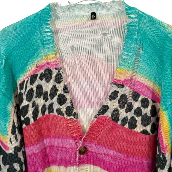 R13 Women's XS Distressed Edge Oversized Cardigan Rainbow Multi Stripe Leopard - Picture 6 of 13